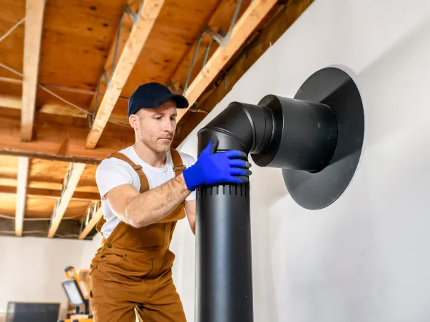 artisan de De Bons poêles installant le conduit d'un poêle